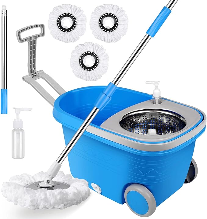 Spin Mop and Bucket with Wringer Set on Wheels 360° Spinning Mop Bucket System with 3 Microfiber Mop Replacement Heads and 61 Stainless Steel Adjustable Handle for Floor Cleaning (25QT)
