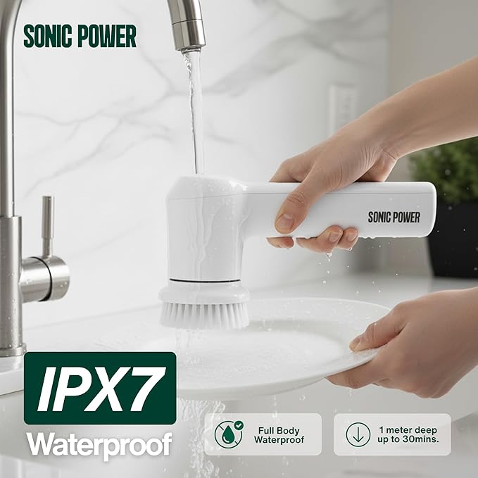 Electric Spin Scrubber – Handheld &amp Ergonomic IPX7 Waterproof 4 Multi-Purpose Brush Heads Long-Lasting Rechargeable Battery – Cleans Dishes Bathroom Tile Grout &amp Kitchen (White)