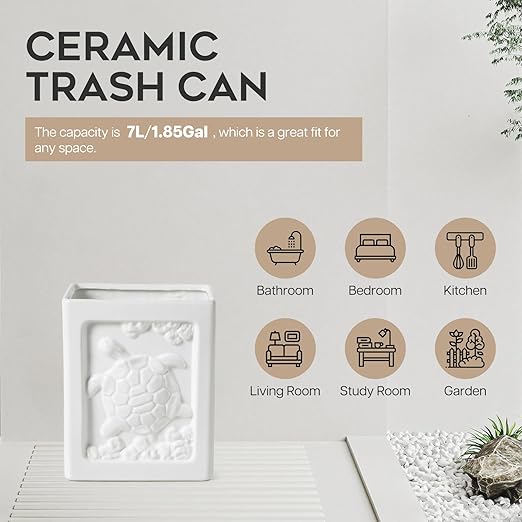 Small Bathroom Trash Can - 1.85 Gallon Wastebasket Garbage Can Container Bin for Kitchens Bathrooms Laundry Room Offices (Square/White)