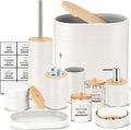 IMAVO Bathroom Accessory Set-11Pcs White Bathroom Accessories Set with Trash CanSoap DispenserSoap DishToothbrush HolderToothbrush CupToilet Brush HolderQtip Holder Dispenser with Labels