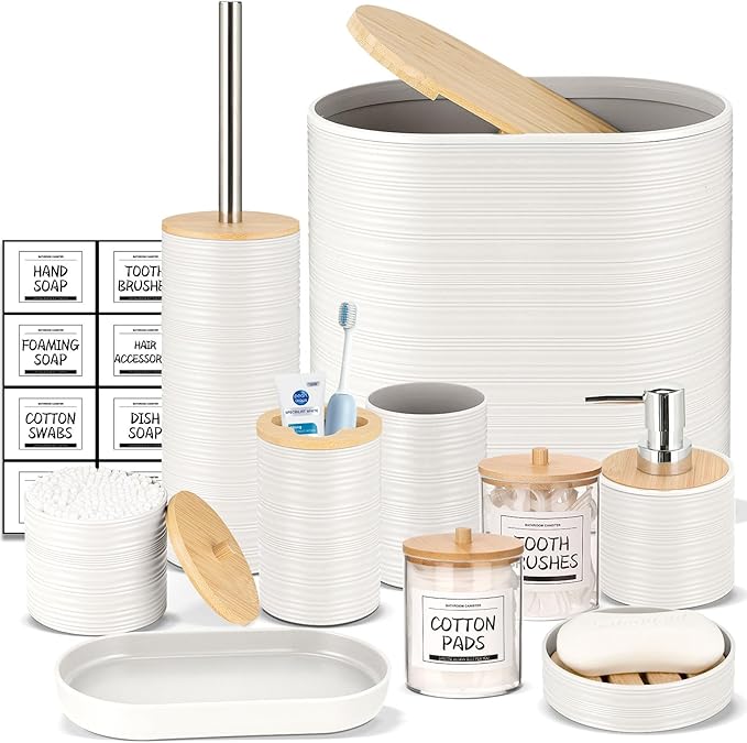 IMAVO Bathroom Accessory Set-11Pcs White Bathroom Accessories Set with Trash CanSoap DispenserSoap DishToothbrush HolderToothbrush CupToilet Brush HolderQtip Holder Dispenser with Labels