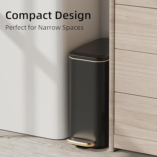 KUK Slim Bathroom Trash Can with Lid 1.6 Gal / 6L Stainless Steel Small Garbage Bin with Detachable Inner Bucket Step Pedal Silent Close Wastebasket for Toilet Bedroom Home Office (Black)