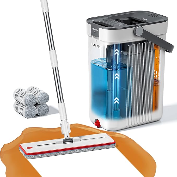 Mop and Bucket Set 3-Tank Flat Mop and Bucket System for Separate Dirty &amp Clean Water 65 Mops for Floor Cleaning with 4 Washable Pads Safe for Hardwood Vinyl Tile Baseboards Walls