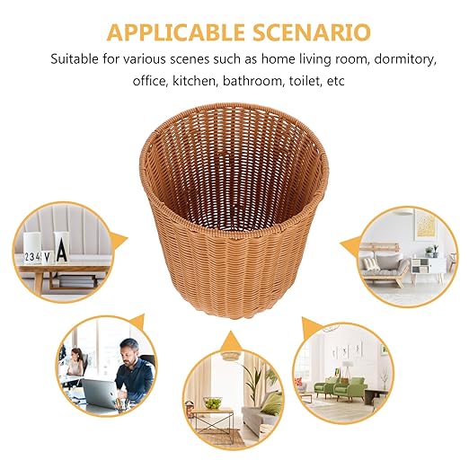 Kichvoe Woven Trash Can Storage Basket Versatile Household Wastebasket Imitation Rattan Design Decorative Sundries Basket for Living Room Bedroom and Bathroom Use