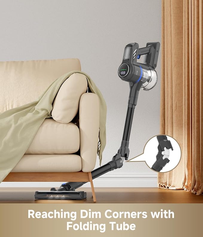 MOVA J30 Cordless Vacuum Cleaner144AW Powerful Suction 180° Folding Tube Cleans Corners 4-in-1 Stick Vacuum 60Min Runtime Anti-Tangle Brush with Lights Deep Clean Pet Hair Hard Floor Carpet