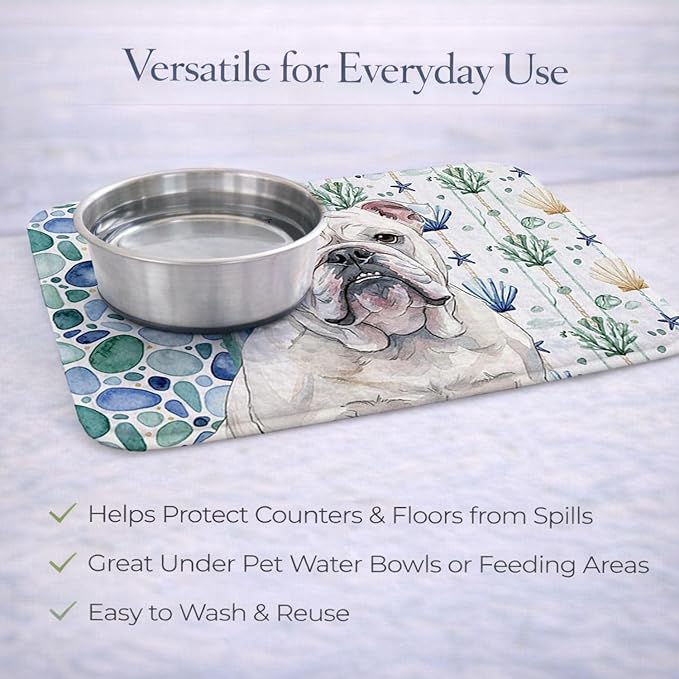 Caroline's Treasures White English Bulldog Coastal Sea Glass Dish Drying Mat Absorbent Dish Drying Mat Pad for Kitchen Counter Dish Drainer Mat for Countertop 14 x 21 Multicolor