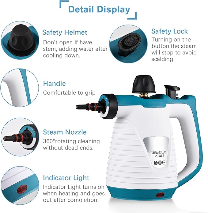 Handheld Steam Cleaner 1050W High Temperature Pressurized Steam Cleaning Tool with 9PCS Accessory Portable Multifunction Steamer for Kitchen Sofa Bathroom Car Window