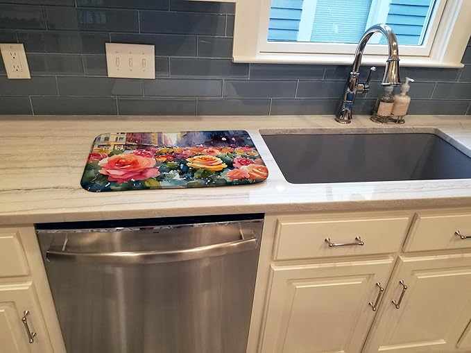 Caroline's Treasures DAC1691DDM New York Roses in Watercolor Dish Drying Mat Absorbent Dish Drying Mat Pad for Kitchen Counter Dish Drainer Mat for Countertop 14 x 21 Multicolor