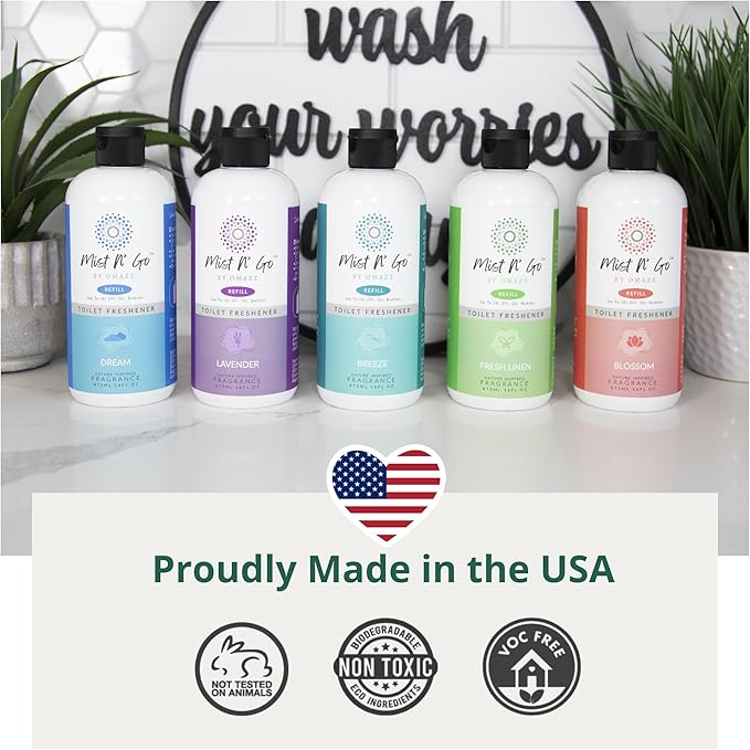 Mist N' Go by OMAZE Bathroom Odor Spray for Toilet Spray Refill Bottle - Multitasking Toilet Spray - Bathroom Spray Odor Eliminator for Strong Odors | Fresh Linen 16oz + 2oz