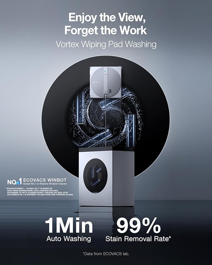 ECOVACS WINBOT W3 Omni Robot Window Cleaner with Auto-Clean &amp Multi-Functional Station Win-SLAM 5.0 Smart Navigation Intelligent Cleaning with Triple Spray System 12-Level Protection