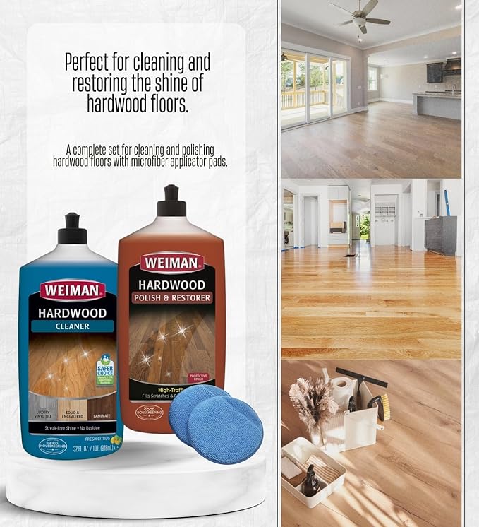 Weiman High Traffic High Gloss Hardwood Floor Polish &amp Restorer 32 oz Citrus Scent Cleaner 32 oz Bundle with Microfiber Applicator Pads – Protects Cleans &amp Shines – Gift Set (3 Items)