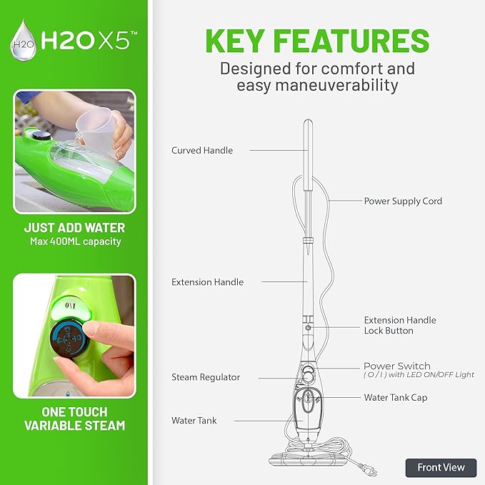 H2O X5 Steam Mop &amp Handheld Steam Cleaner | 5-in-1 Floor Steamer | Hardwood Tile &amp Laminate Cleaner | Carpet Glider Included | Grout Window &amp Garment Attachments