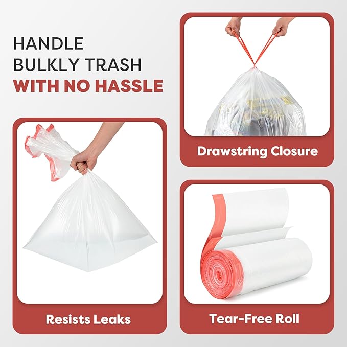 Pre-Separated 16-18 Gallon Trash Bags Drawstring Clear Size M Tear Free Large Garbage Bags for Kitchen 105 Count Tear-Resistant Strong Plastic Compactor Bag for Office Lawn