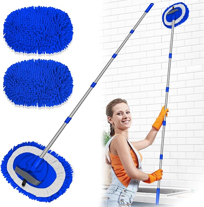 2 in 1 Lightweight Wall Cleaner Mop with Long Handle 75 190cm Lint-Free Duster Cleaning Tool 2 Replacement Microfiber Chenille Pads for Kitchen Baseboard Ceiling Floor Window Door Scrubber BrushBlue
