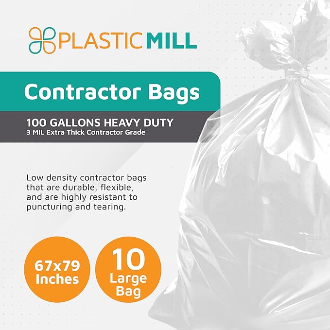 PlasticMill Contractor Bags Heavy Duty - Commercial Industrial Garbage Bags - Clear Construction Trash Bags - Outdoor Garden Trash Bags 100-Gallon 3 Mil 67x79 (10-Count)