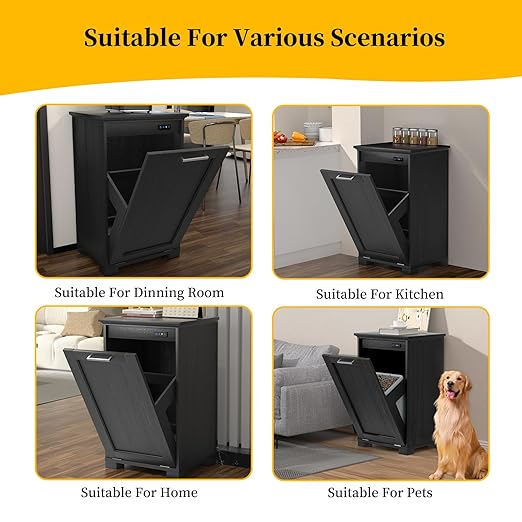 Tilt Out Trash Can Cabinet 10 Gallons Trash Cabinet with Deodorising Function Wooden Freestanding Garbage Can for Home and Kitchen Hidden Laundry Hamper Black