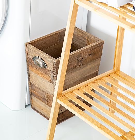 Small Wood Trash Can Farmhouse Rectangular Garbage Can Waste Basket Rustic Distressed Reclaimed Wood Wastebasket Vintage Wooden Trash Recycling Bin Storage Basket with Metal Handles (Natural)