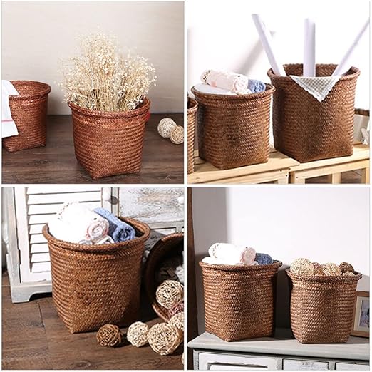 Cabilock 1pc Straw Woven Wastebasket Storage Bin for Home Office Trash Can for Paper Design Versatile
