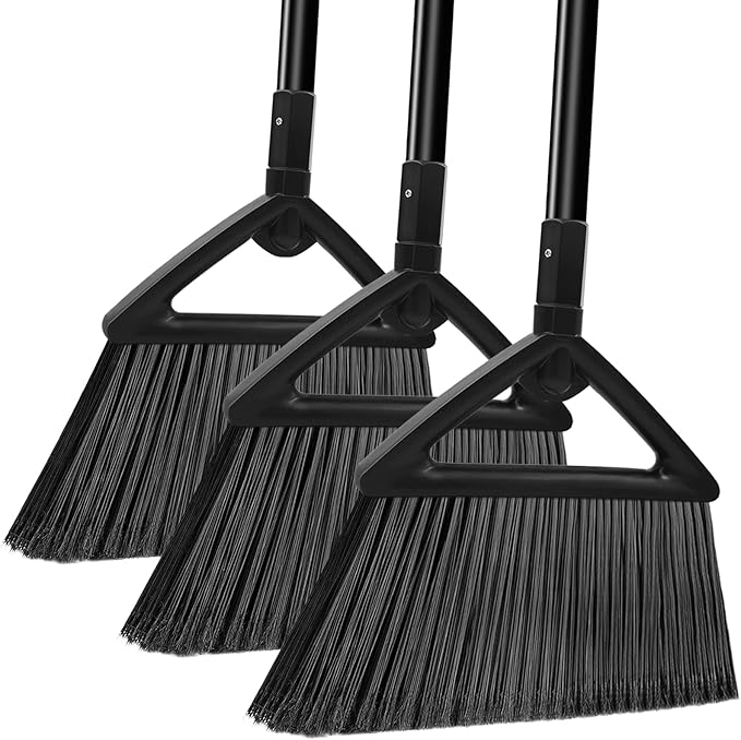 Heavy Duty Commercial Broom 3 Pack Upgraded Angle Brooms for Sweeping Outdoor and Indoor Perfect Black Brooms of House Kitchen Garage Courtyard Concrete