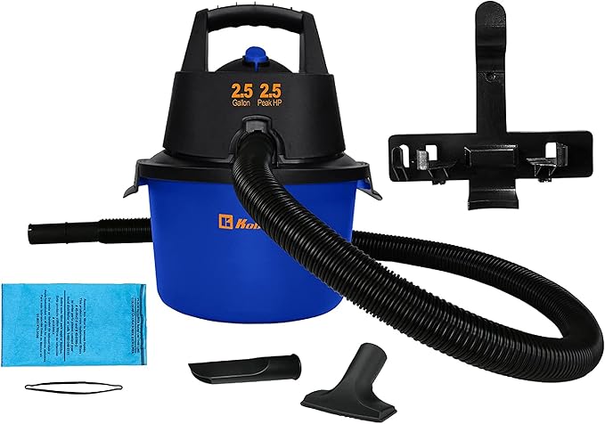 Koblenz WD-2.5L Portable Wet Dry Vacuum 2.5-Gallon 2.5 PHP Suction Plus Blower Vacuum Cleaner for Liquids Dust Pet Hairs 10’ Reach For Car Cleaning Wall-Mount Support Parts Included Blue/Black