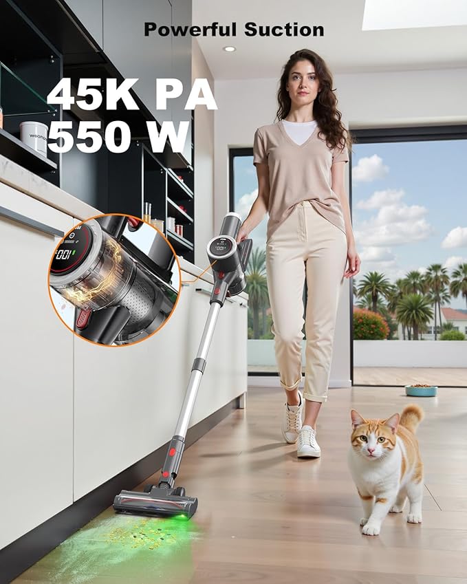 Cordless Vacuum Cleaner Stick Vacuum Rechargeable 550W 45KPA Powerful Suction Lightweight Vacuum Cleaners for Home Anti-Tangle Self Standing for Pet Hair Hardwood Floor Carpet - Sliver