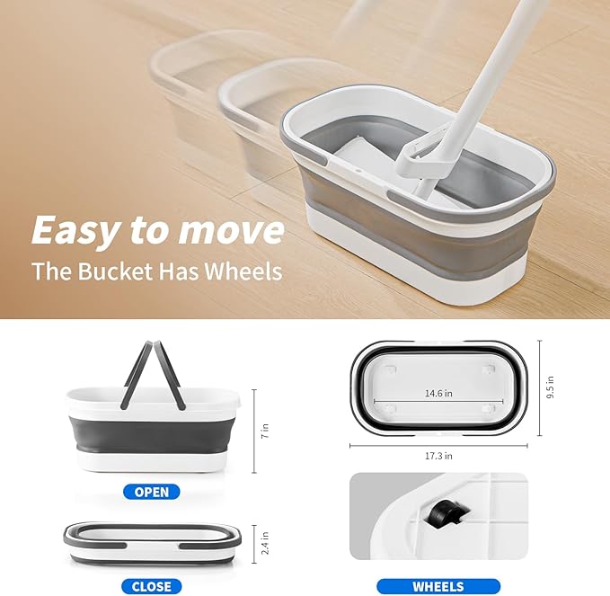 Oshang Flat Mop and Collapsible Bucket OG7 with Wheels 2 Washable Reusable Microfiber Pads Pure White