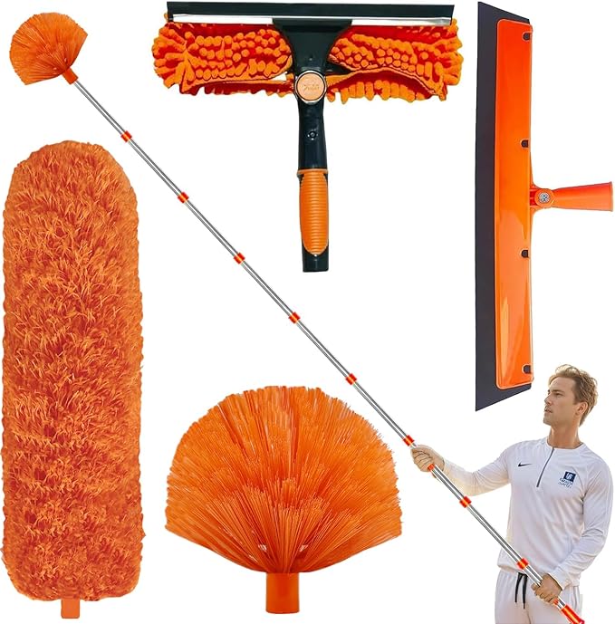 20+ Feet High Reach Duster Kit with 3-14 ft Extension Pole // High Ceiling Dusting and Window Cleaning Kit with Spliceable Pole - Window Washer &amp Squeegee Cobweb Duster Fan Blade and Feather Dus