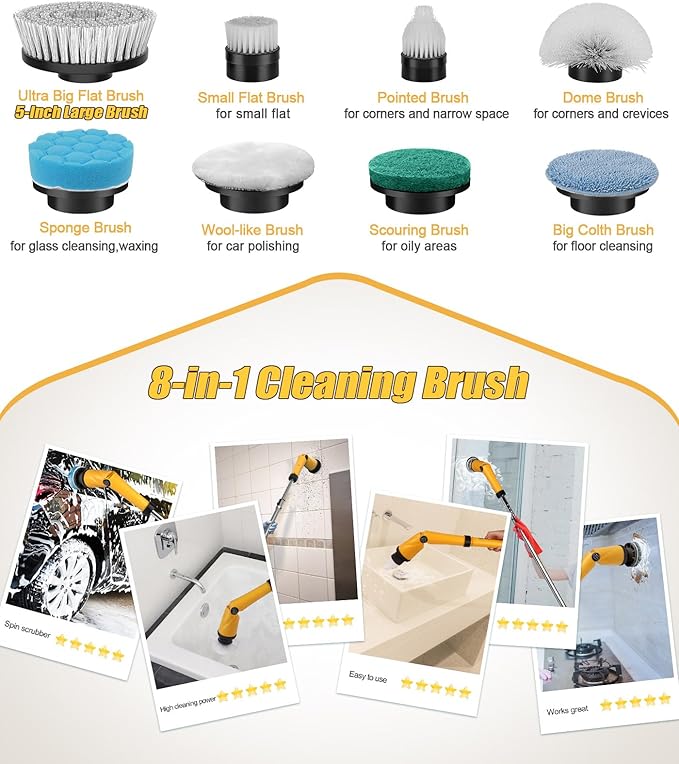 Qimedo Electric Spin Scrubber Extra Large Brush Q36000 mAh Best Battery Power Scrubber for Cleaning1200RPM Shower Cordless Cleaning Brush with 8 Brushes for Bath/Tub/Tile/Floor (Smart Display)
