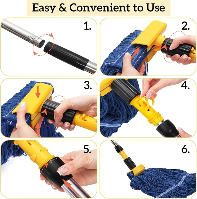 Commercial Mop Heavy Duty Looped End String Wet Mop with 64'' Long Handle Industrial Cotton Dust Mop with Extra Replacement Heads for Home Office Garage Warehouse Floor Cleaning