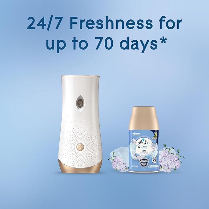 Glade Automatic Spray Refill and Holder Kit Air Freshener for Home and Bathroom Clean Linen 6.2 Oz 2 Count
