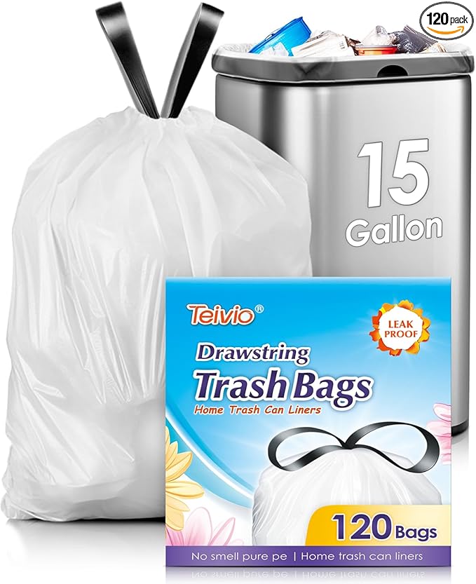15 Gallon 120 Counts Strong Drawstring Trash Bags Garbage Bags by Teivio Bathroom Trash Can Bin Liners Plastic Bags for home office kitchen White