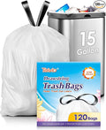 15 Gallon 120 Counts Strong Drawstring Trash Bags Garbage Bags by Teivio Bathroom Trash Can Bin Liners Plastic Bags for home office kitchen White