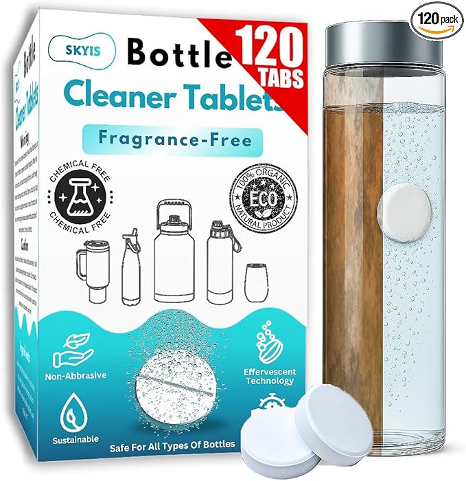 120 Pcs Water Bottle Cleaning Tablets Bottle Cleaning Tablets for Stainless Steel Water Bottles &amp Tumblers Bottle Cleaner tablets are ideal cleaner for all Water Bottles Removes Odor &amp Stai
