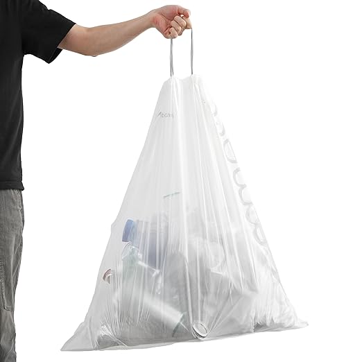 happimess HPM3000V-WHITE 100-Count 30 Gallon Drawstring Unscented Trash Can Liner for Business Home Kitchen Commercial and Industrial White (4-Rolls of 25 Liners)