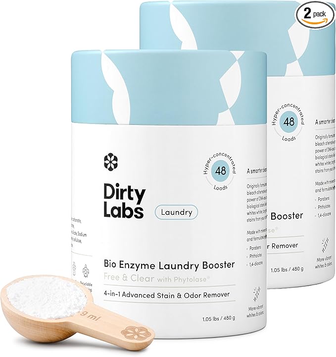 Dirty Labs | Scent Free | Bio Enzyme Laundry Booster | 2-Pack = 96 Loads | Hyper Concentrated | High Efficiency &amp Standard Machine Washer | Nontoxic Biodegradable | Stain &amp Odor Removal Boost