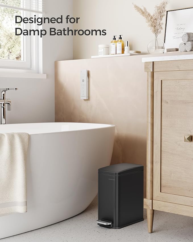 SONGMICS Bathroom Trash Can 1.3 Gallon (5 L) Small Trash Bin with Lid Slim for Small Spaces Stainless Steel Garbage Can Soft Close Black ULTB560B05
