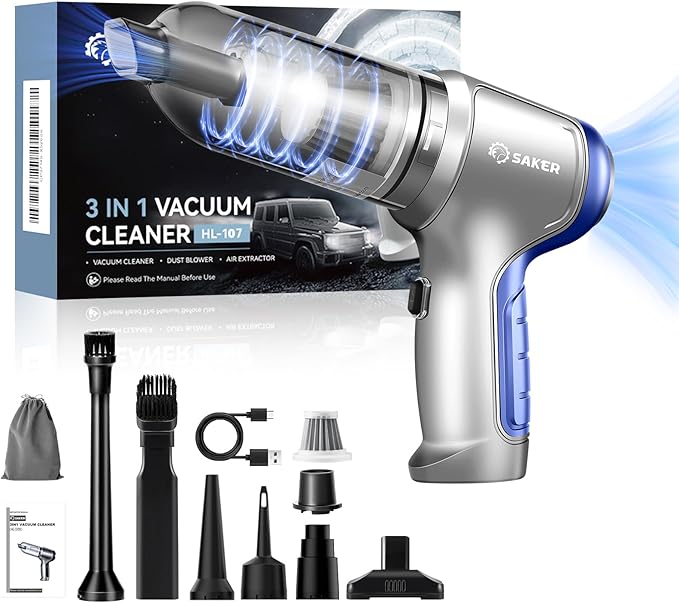 Saker Car Vacuum Portable Cordless 15000PA3 in 1 Handheld Vacuum with Brushless Motor for Car Office and Home Cleaning Blue HL107B