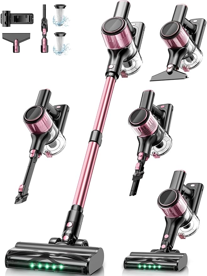 Cordless Vacuum Cleaner40Kpa 8 in 1 Powerful Stick Vacuum with Anti-Tangle Brush and Upgraded Green Light 45mins Runtime Rechargeable Lightweight Vacuums for Hardwood Floor Pet Hair (Pink)