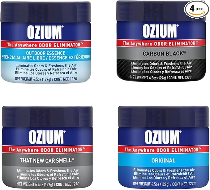 Ozium 4.5 Oz. Odor Eliminating Gel for Homes Cars Offices and More (Original + Carbon Black + Outdoor Essence + That New Car Smell) 4 Pack Variety