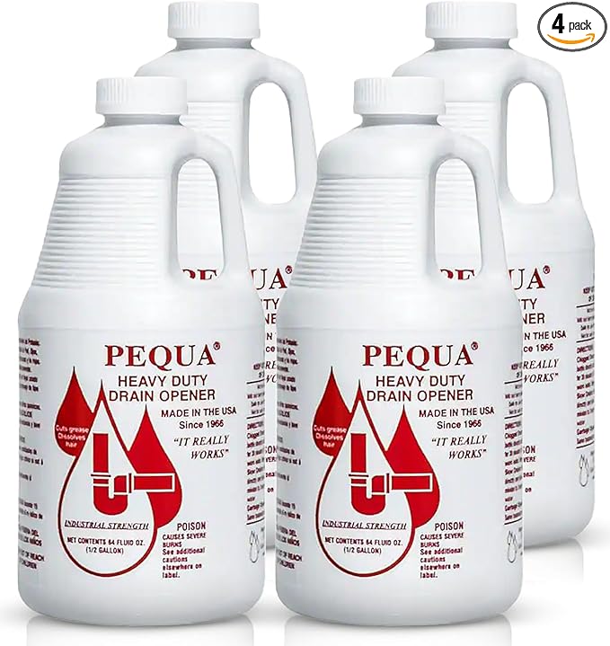 PEQUA INDUSTRIES 64 oz Pequa Heavy Duty Drain Opener - Powerful Non-Acid Fast-Acting Formula Safe for All Pipes Industrial strength Drain Cleaner for Sinks Tubs Septic Tanks (Pack of 4)