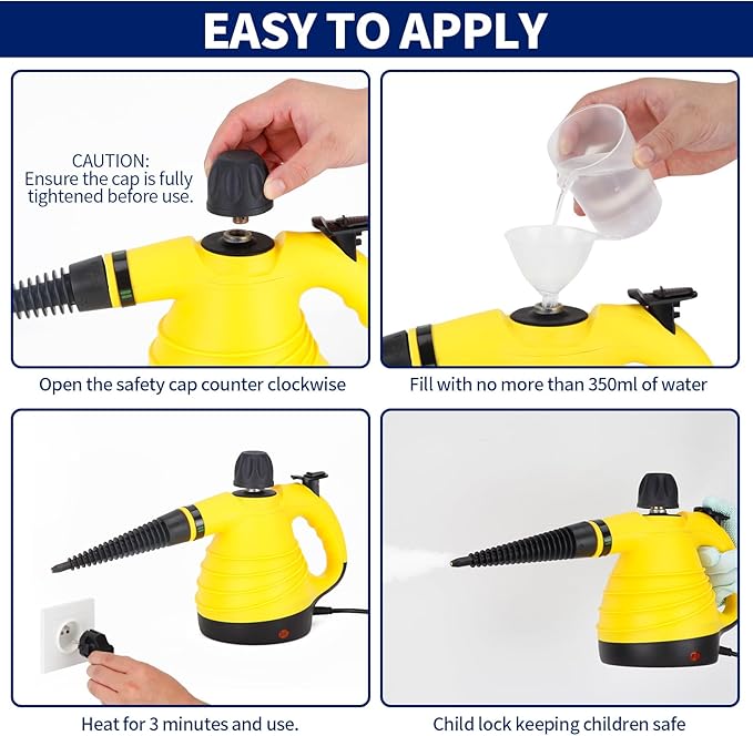 Handheld Steam Cleaner with 12pcs Accessories &amp Safety LockMulti-Purpose &amp Powerful Home Use Pressurized Steamer for CleaningCar Bathroom Shower Upholstery Grout Window Grime Grease