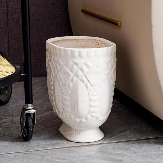 Bathroom Trash Can Ceramic Wastebasket Garbage Container for Bathroom Bedroom Dorm College Office Beige-White Decorative Compact Trash Can