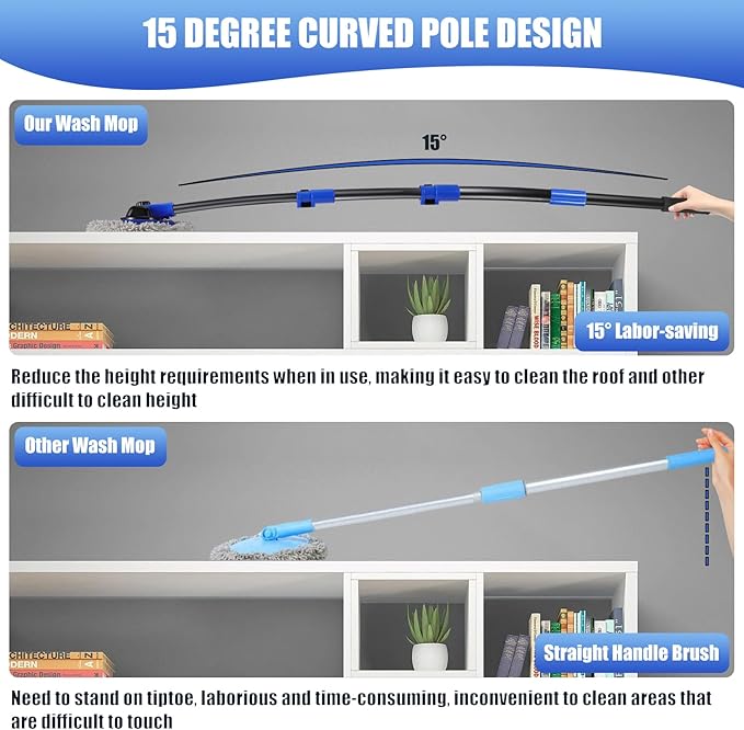 Wall Cleaner Mop Washer Mops with Long Handle for Cleaning Walls Baseboard Window High Cabinet Ceiling Floor 15°Bend Labor-Saving Microfiber Dry Dust and Wet Wash Cleaning Mop with Replacement Pad