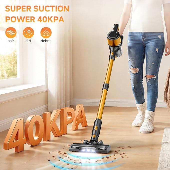 Cordless Vacuum Cleaner 8 in 1 40Kpa 55MinsLightweight Vacuum Cleaners for Home Stick Vacuum with Anti-Tangle BrushWall Mount Rechargeable Cordless Vacuum for Floor/Sofa/Pet HairGolden