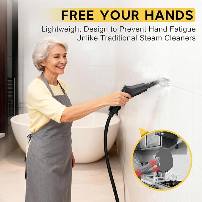 10S Fast Heating Heavy Duty Steam Cleaner 7 Adjustable Levels 1.6 Quarts Tank Continuous Spray Natural Deep Cleaner Portable Handheld Steamer with 15 Accessories for Home Car Tile (Yellow)