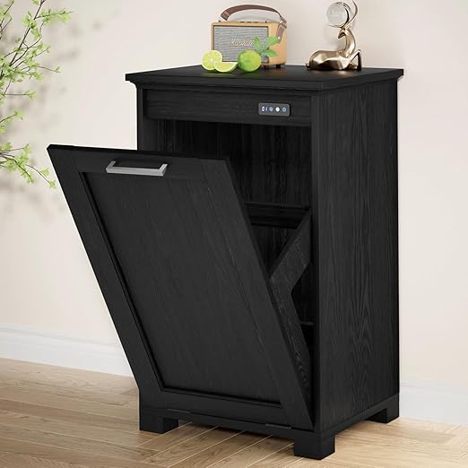 Tilt Out Trash Can Cabinet 10 Gallons Trash Cabinet with Deodorising Function Wooden Freestanding Garbage Can for Home and Kitchen Hidden Laundry Hamper Black