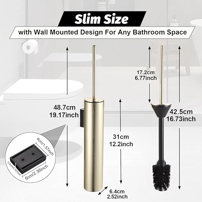 BGL Toilet Brush and Holder Set Brushed Gold Wall Mounted for Bathroom Round Design
