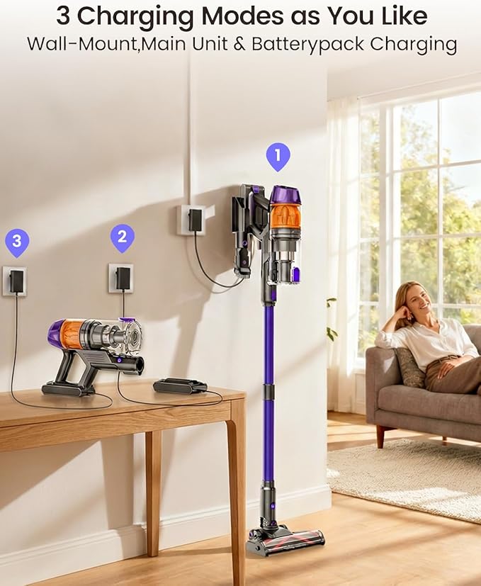 Cordless Vacuum Cleaner500W 40KPa 120Mins Runtime with 2 BatteriesAnti-Tangle Stick Vacuum with Green LightRechargeable Wireless Vacuum for Pet Hair/Carpet/Hardwood FloorPurple