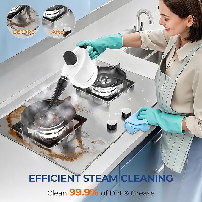 LABIGO Steam Cleaner Pressurized Handheld 13pcs Multi-Purpose Natural Deep Cleaning Steamer Portable Steamer for Cleaning Home Grout Kitchen Car Window Upholstery Bathroom and Clothes White