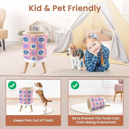 Bathroom Trash Can with Lid Retro Checkered Seamless Hand Drawn Daisy Flowers Wavy Lines Pink Blue Garbage Bin Waste Basket for Kitchen Office Bedroom Decoration Diaper Pail 1.8 Gallon